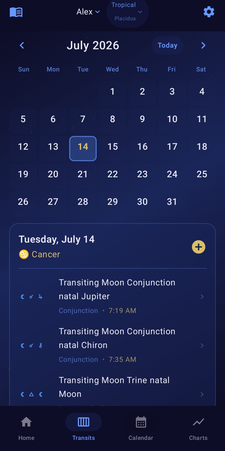 Astrolical's calendar for July 2026 with Tuesday the 14th selected, listing that day's transits to the natal chart with exact times.