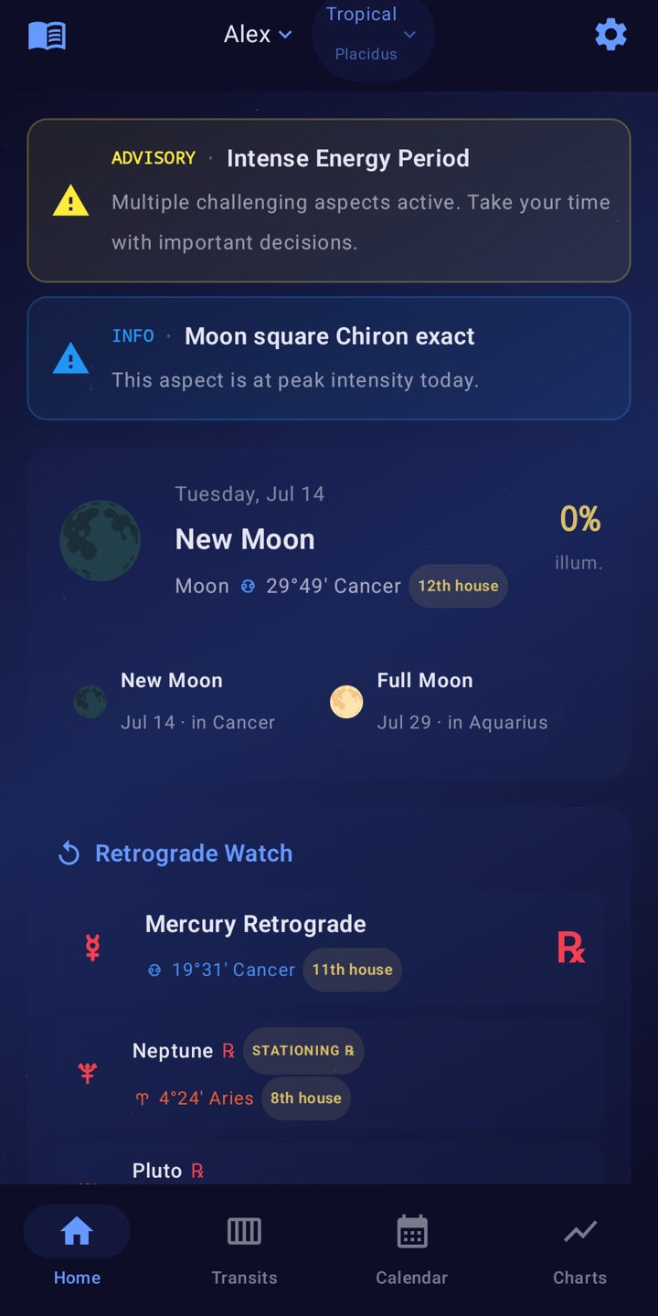 Astrolical's home screen: an advisory for an intense energy period, today's new moon at 29°49′ Cancer in the 12th house, the next new and full moons, and a retrograde watch listing Mercury and Neptune with exact degrees and houses.