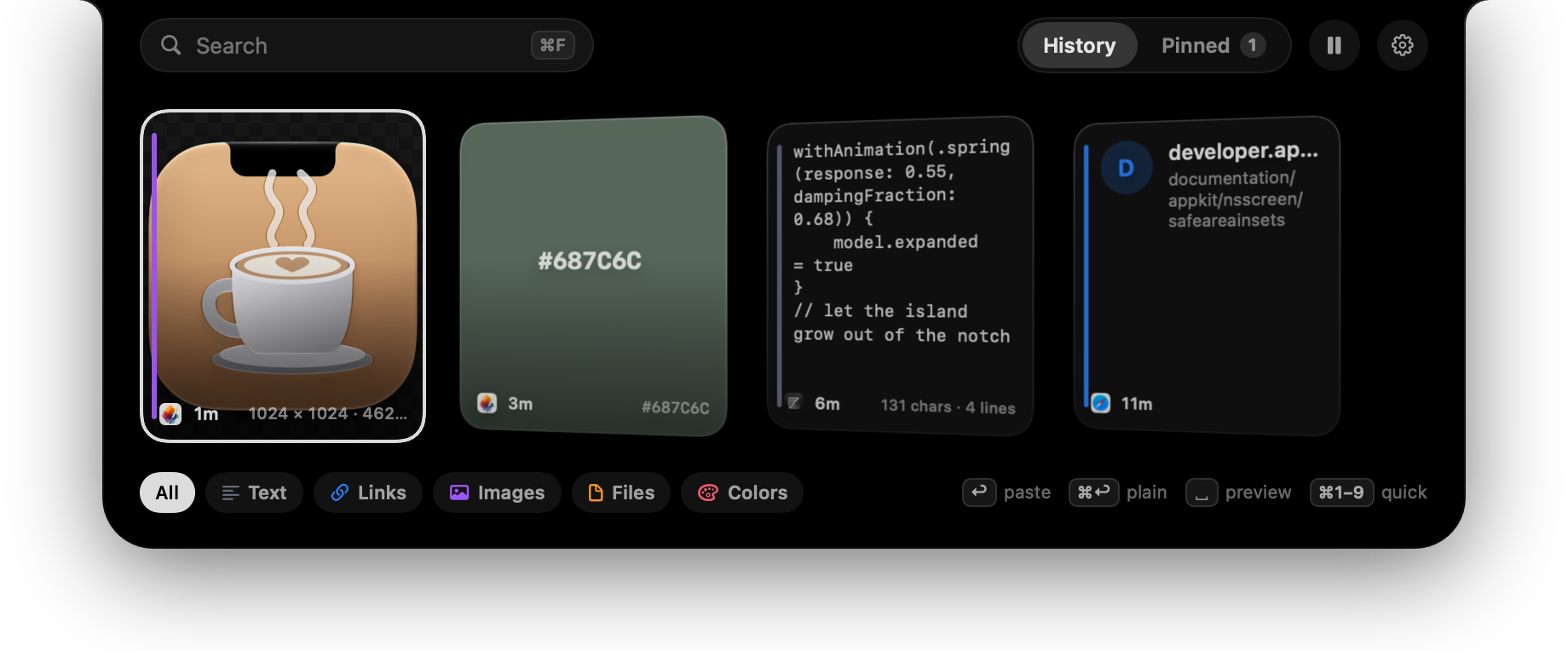 The xcv panel dropped down from the MacBook notch. It shows recent clipboard items as cards (an image, a colour swatch, a Swift snippet and a link), each marked with the app it came from and how long ago it was copied. A search field sits above, with History and Pinned tabs, and type filters below.
